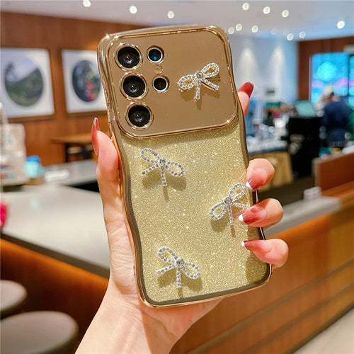 For Samsung Galaxy S25 Ultra Case Electroplated Wavy Frame Glitter TPU Phone Cover with Rhinestone Bow Decor - Gold - 1