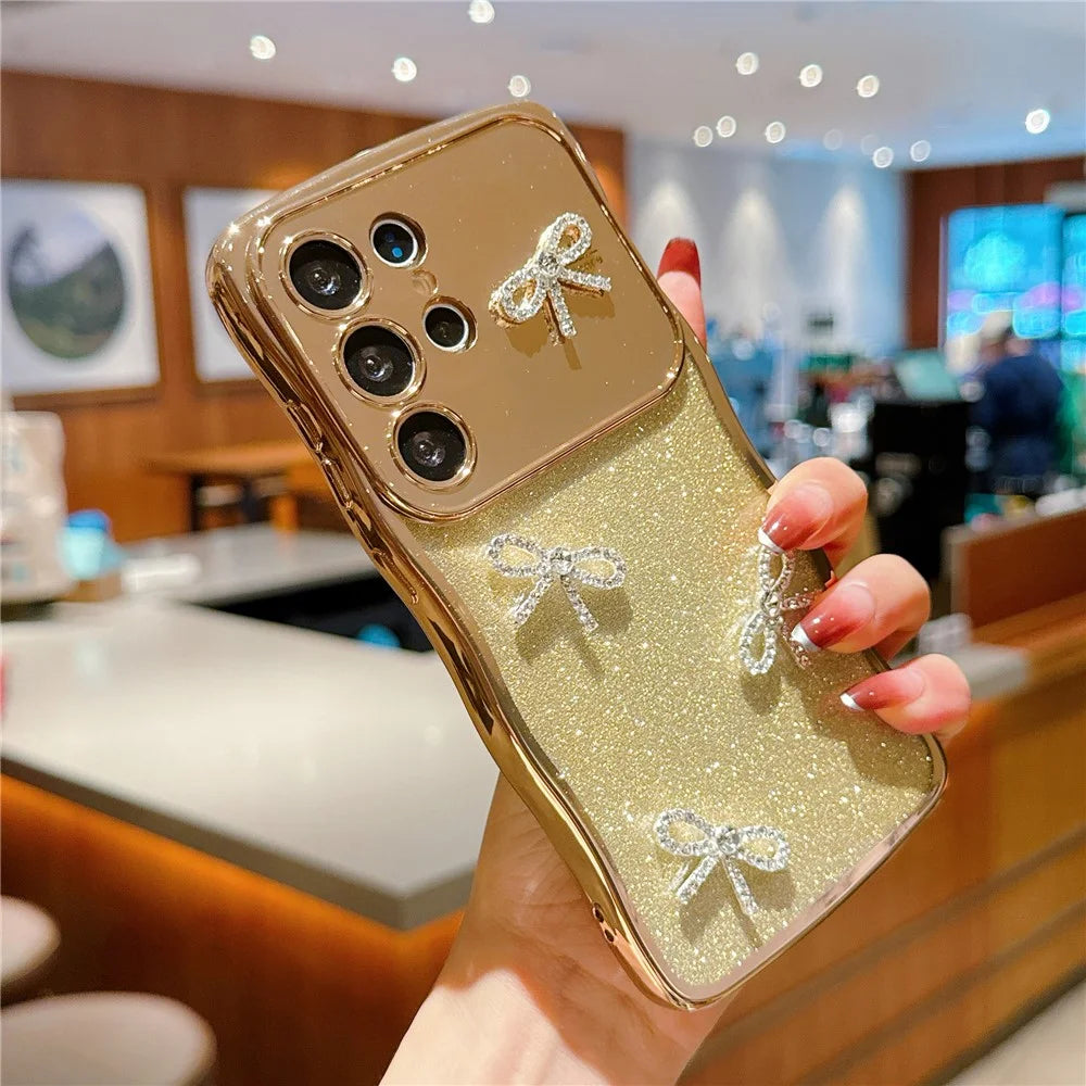 For Samsung Galaxy S25 Ultra Case Electroplated Wavy Frame Glitter TPU Phone Cover with Rhinestone Bow Decor - Gold - 2