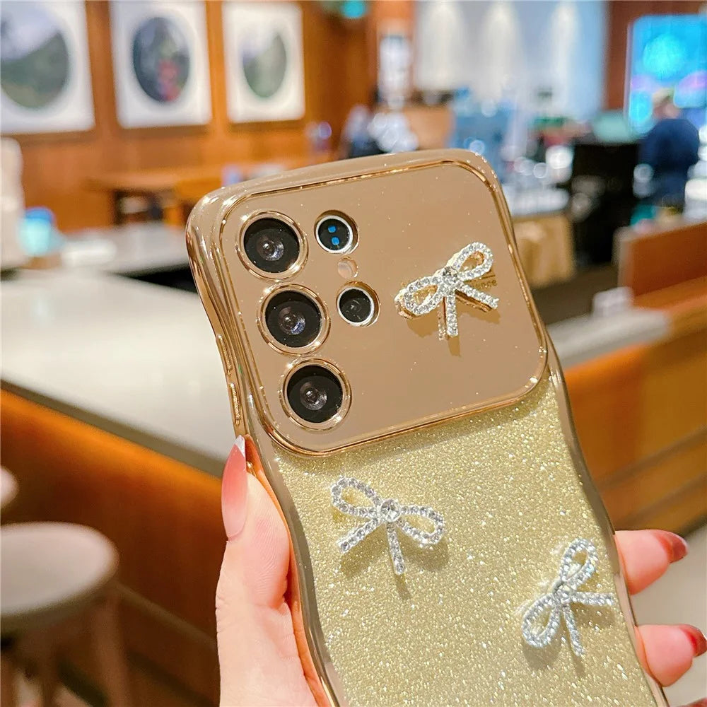 For Samsung Galaxy S25 Ultra Case Electroplated Wavy Frame Glitter TPU Phone Cover with Rhinestone Bow Decor - Gold - 3