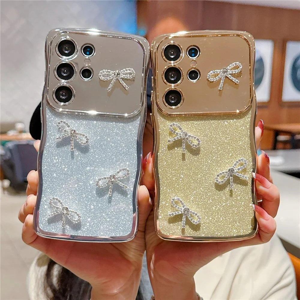 For Samsung Galaxy S25 Ultra Case Electroplated Wavy Frame Glitter TPU Phone Cover with Rhinestone Bow Decor - Gold - 4