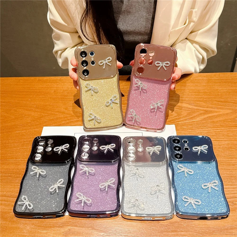 For Samsung Galaxy S25 Ultra Case Electroplated Wavy Frame Glitter TPU Phone Cover with Rhinestone Bow Decor - Gold - 5