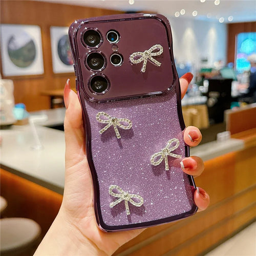 For Samsung Galaxy S24 Ultra Case Electroplated Wavy Frame Glitter TPU Phone Cover with Rhinestone Bow Decor - Dark Purple - 1
