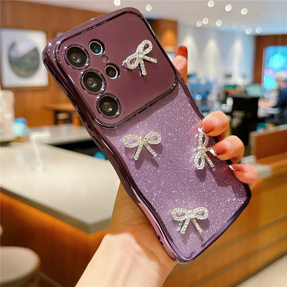 For Samsung Galaxy S24 Ultra Case Electroplated Wavy Frame Glitter TPU Phone Cover with Rhinestone Bow Decor - Dark Purple - 2