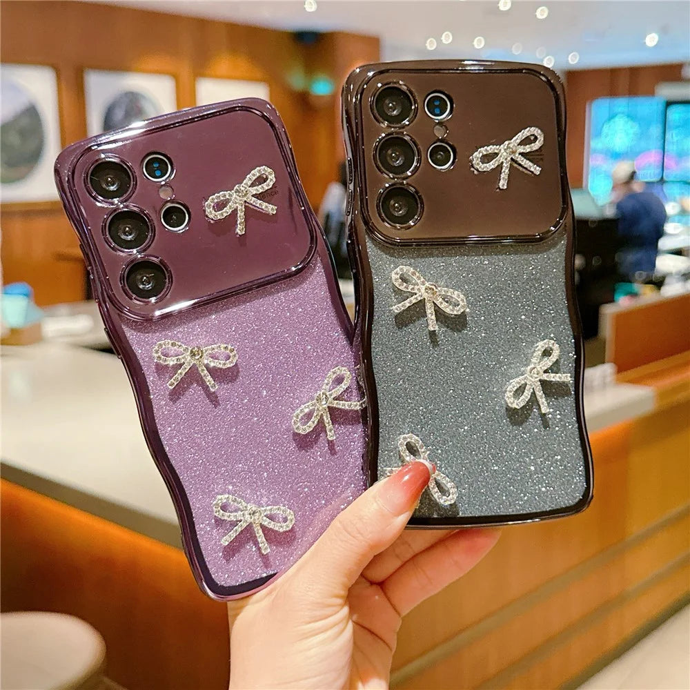For Samsung Galaxy S24 Ultra Case Electroplated Wavy Frame Glitter TPU Phone Cover with Rhinestone Bow Decor - Dark Purple - 3