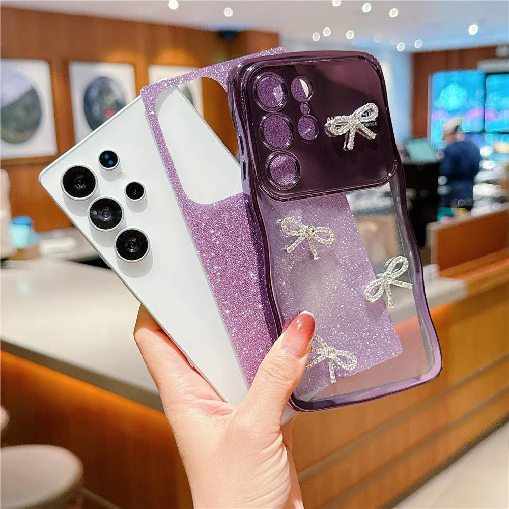 For Samsung Galaxy S24 Ultra Case Electroplated Wavy Frame Glitter TPU Phone Cover with Rhinestone Bow Decor - Dark Purple - 4