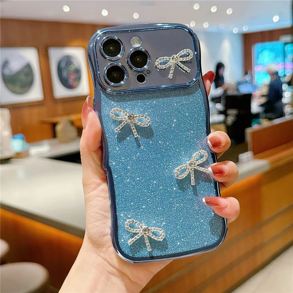 For iPhone 16 Pro Max Case Electroplated Wavy Frame Glitter TPU Phone Cover with Rhinestone Bow Decor - Blue - 1