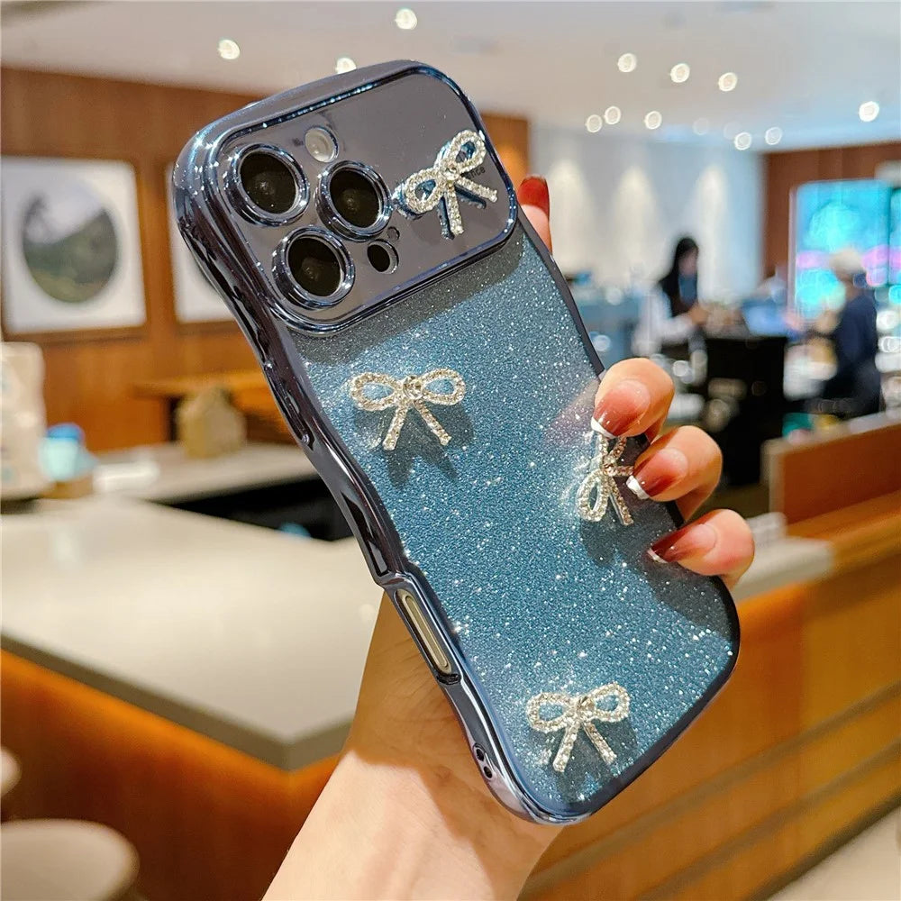 For iPhone 16 Pro Max Case Electroplated Wavy Frame Glitter TPU Phone Cover with Rhinestone Bow Decor - Blue - 2