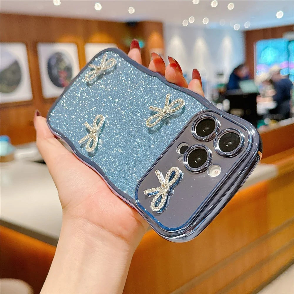 For iPhone 16 Pro Max Case Electroplated Wavy Frame Glitter TPU Phone Cover with Rhinestone Bow Decor - Blue - 3