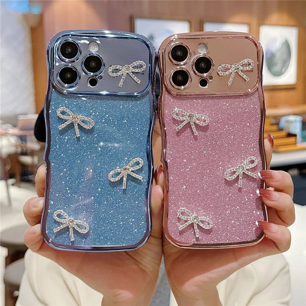 For iPhone 16 Pro Max Case Electroplated Wavy Frame Glitter TPU Phone Cover with Rhinestone Bow Decor - Blue - 4
