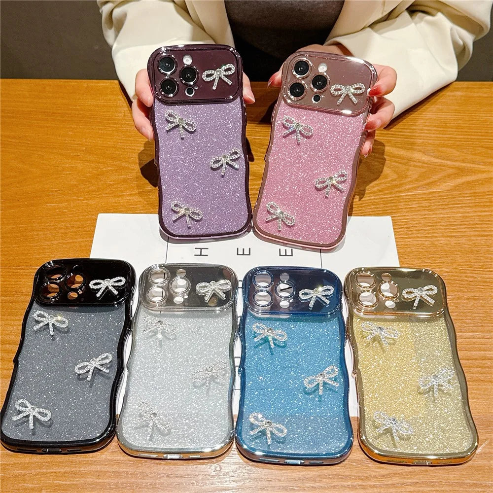 For iPhone 16 Pro Max Case Electroplated Wavy Frame Glitter TPU Phone Cover with Rhinestone Bow Decor - Blue - 5