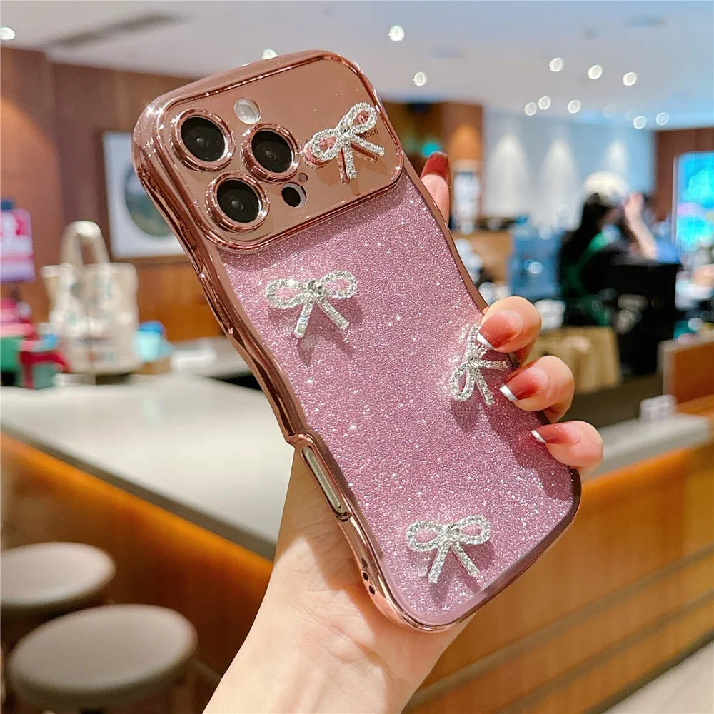 For iPhone 16 Pro Case Electroplated Wavy Frame Glitter TPU Phone Cover with Rhinestone Bow Decor - Rose Pink - 2