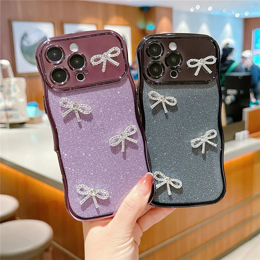 For iPhone 16 Pro Case Electroplated Wavy Frame Glitter TPU Phone Cover with Rhinestone Bow Decor - Rose Pink - 4