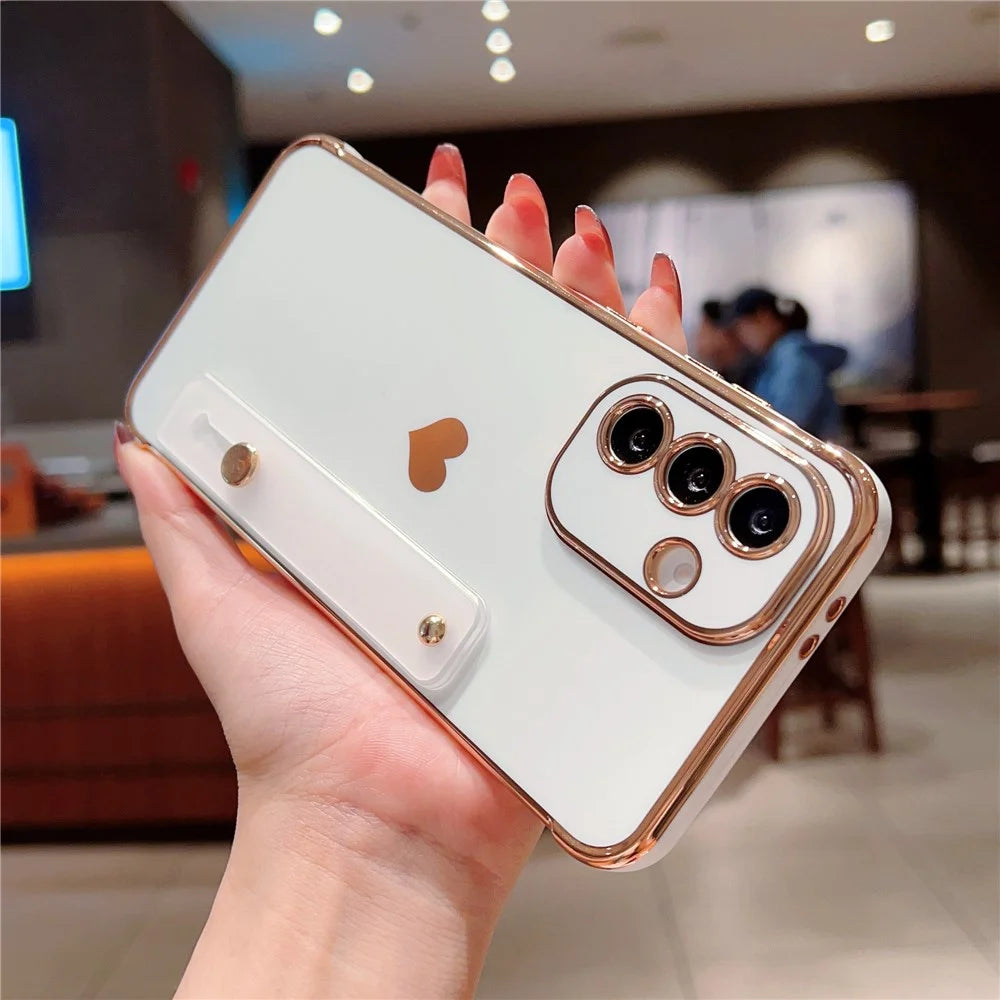 For Samsung Galaxy S25 / S24 Case with Strip Kickstand Electroplating Edge Love Heart Soft TPU Phone Cover - Ivory White - 3