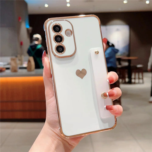 For Samsung Galaxy A55 5G Case with Strip Kickstand Electroplating Edge Love Heart Soft TPU Phone Cover - Ivory White - 1