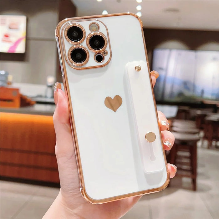 For iPhone 15 Pro Case with Strip Kickstand Electroplating Edge Love Heart Soft TPU Phone Cover - Ivory White - 1