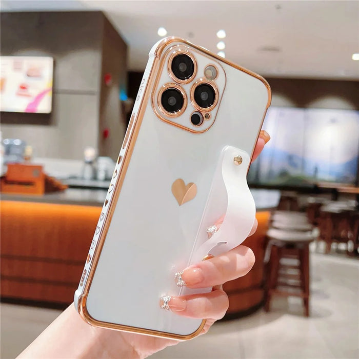 For iPhone 15 Pro Case with Strip Kickstand Electroplating Edge Love Heart Soft TPU Phone Cover - Ivory White - 3