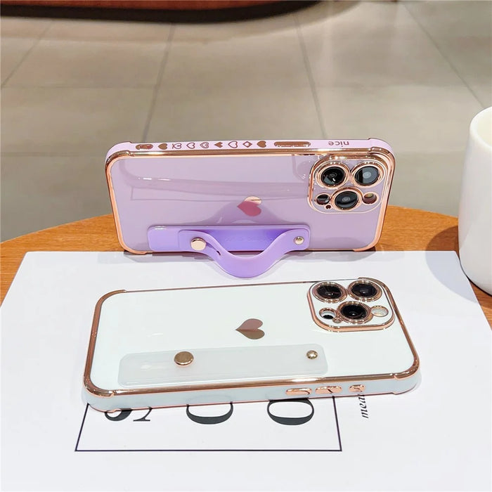 For iPhone 15 Pro Case with Strip Kickstand Electroplating Edge Love Heart Soft TPU Phone Cover - Ivory White - 4