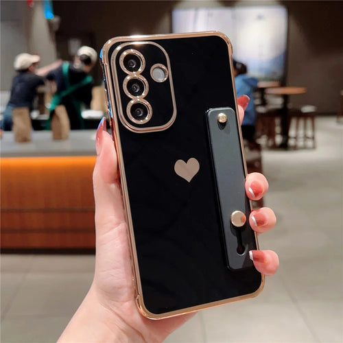 For Samsung Galaxy A16 5G / A16 4G Case with Strip Kickstand Electroplating Edge Love Heart Soft TPU Phone Cover - Black - 1