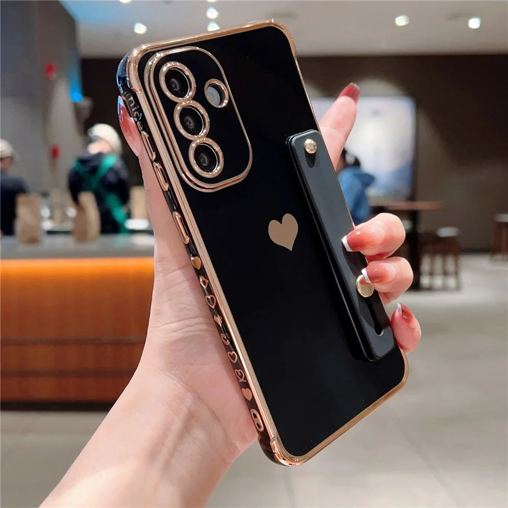 For Samsung Galaxy A16 5G / A16 4G Case with Strip Kickstand Electroplating Edge Love Heart Soft TPU Phone Cover - Black - 2