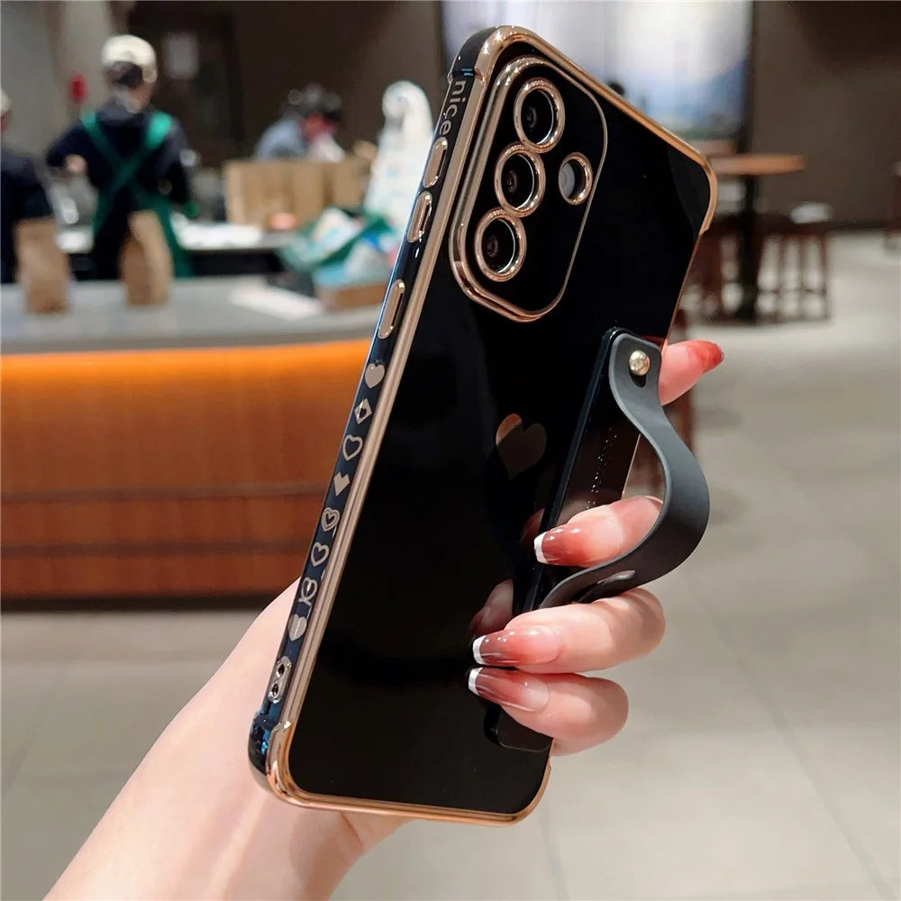 For Samsung Galaxy A16 5G / A16 4G Case with Strip Kickstand Electroplating Edge Love Heart Soft TPU Phone Cover - Black - 3