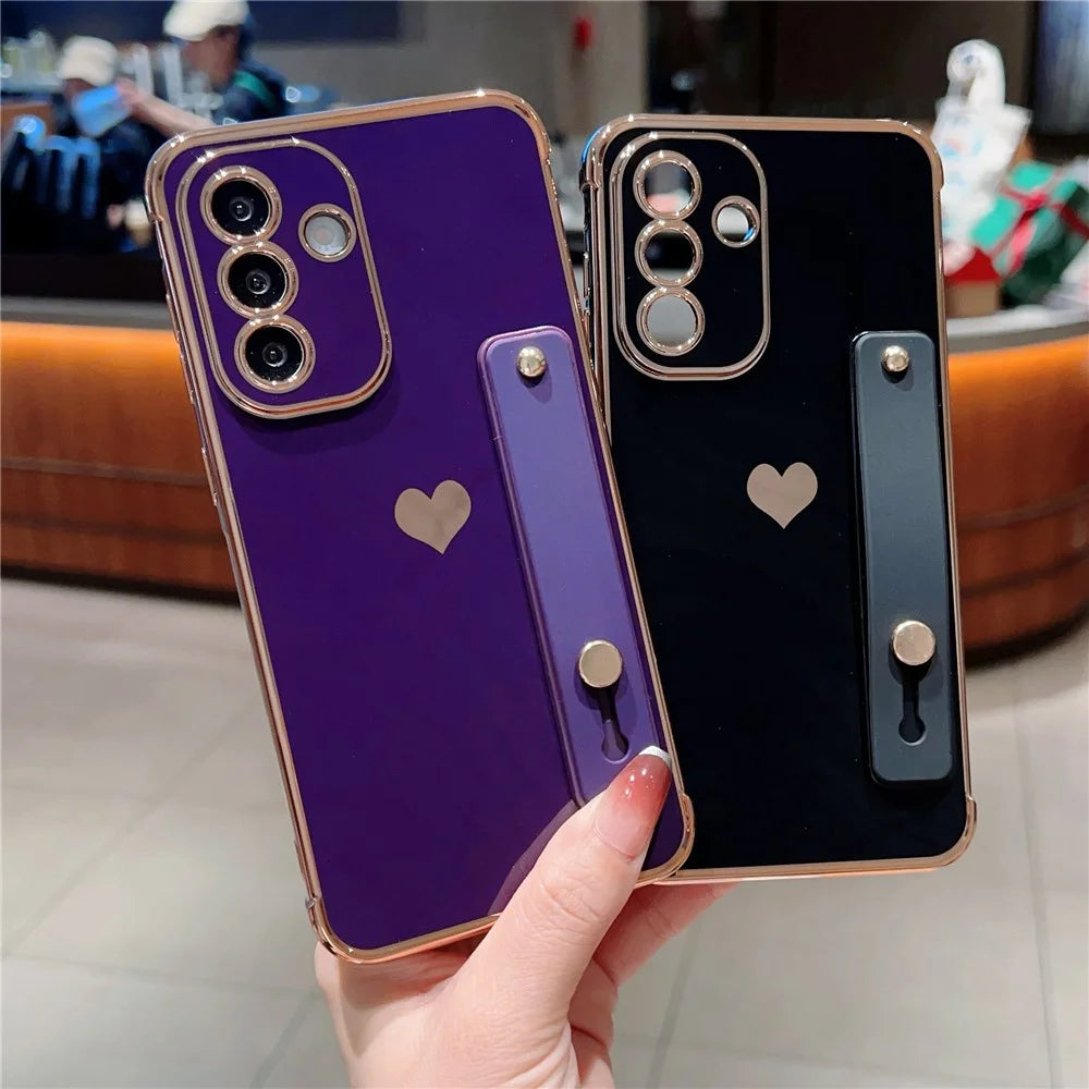 For Samsung Galaxy A16 5G / A16 4G Case with Strip Kickstand Electroplating Edge Love Heart Soft TPU Phone Cover - Black - 4
