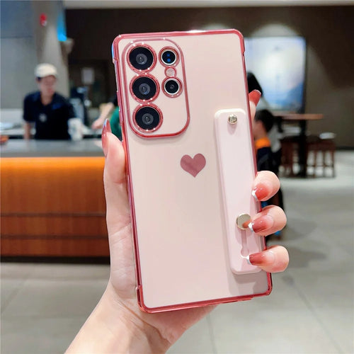 For Samsung Galaxy S25 Ultra Case with Strip Kickstand Electroplating Edge Love Heart Soft TPU Phone Cover - Pink - 1
