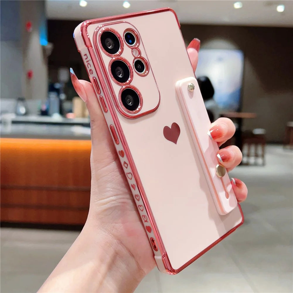 For Samsung Galaxy S25 Ultra Case with Strip Kickstand Electroplating Edge Love Heart Soft TPU Phone Cover - Pink - 2