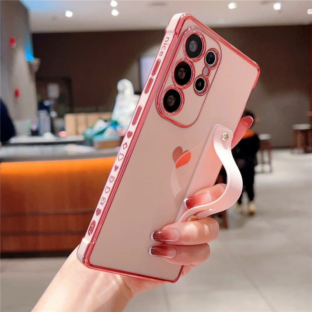 For Samsung Galaxy S25 Ultra Case with Strip Kickstand Electroplating Edge Love Heart Soft TPU Phone Cover - Pink - 3