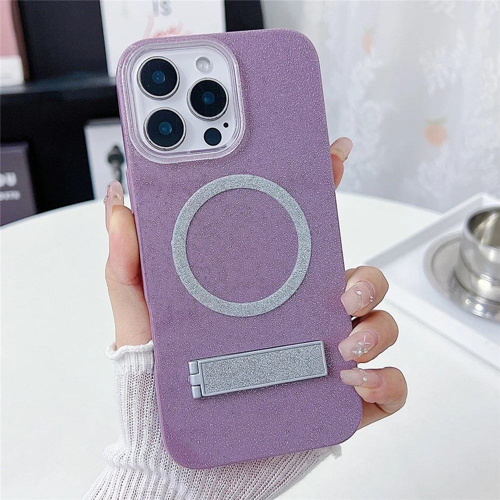 For iPhone 16 Pro Max Magnetic Case with Kickstand Glitter TPU + Acrylic Phone Back Cover - Purple - 1