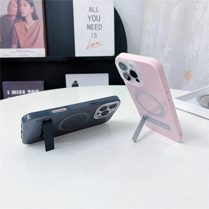 For iPhone 16 Pro Max Magnetic Case with Kickstand Glitter TPU + Acrylic Phone Back Cover - Purple - 2