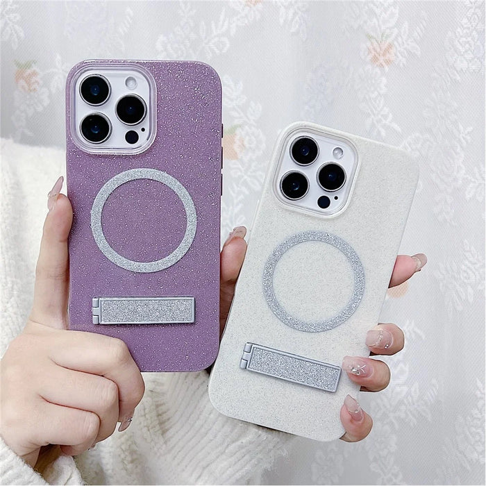 For iPhone 16 Pro Max Magnetic Case with Kickstand Glitter TPU + Acrylic Phone Back Cover - Purple - 3