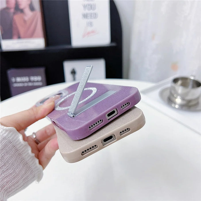 For iPhone 16 Pro Max Magnetic Case with Kickstand Glitter TPU + Acrylic Phone Back Cover - Purple - 5