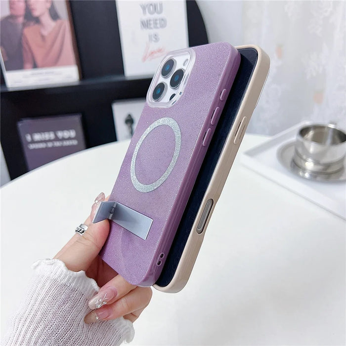 For iPhone 16 Pro Max Magnetic Case with Kickstand Glitter TPU + Acrylic Phone Back Cover - Purple - 6
