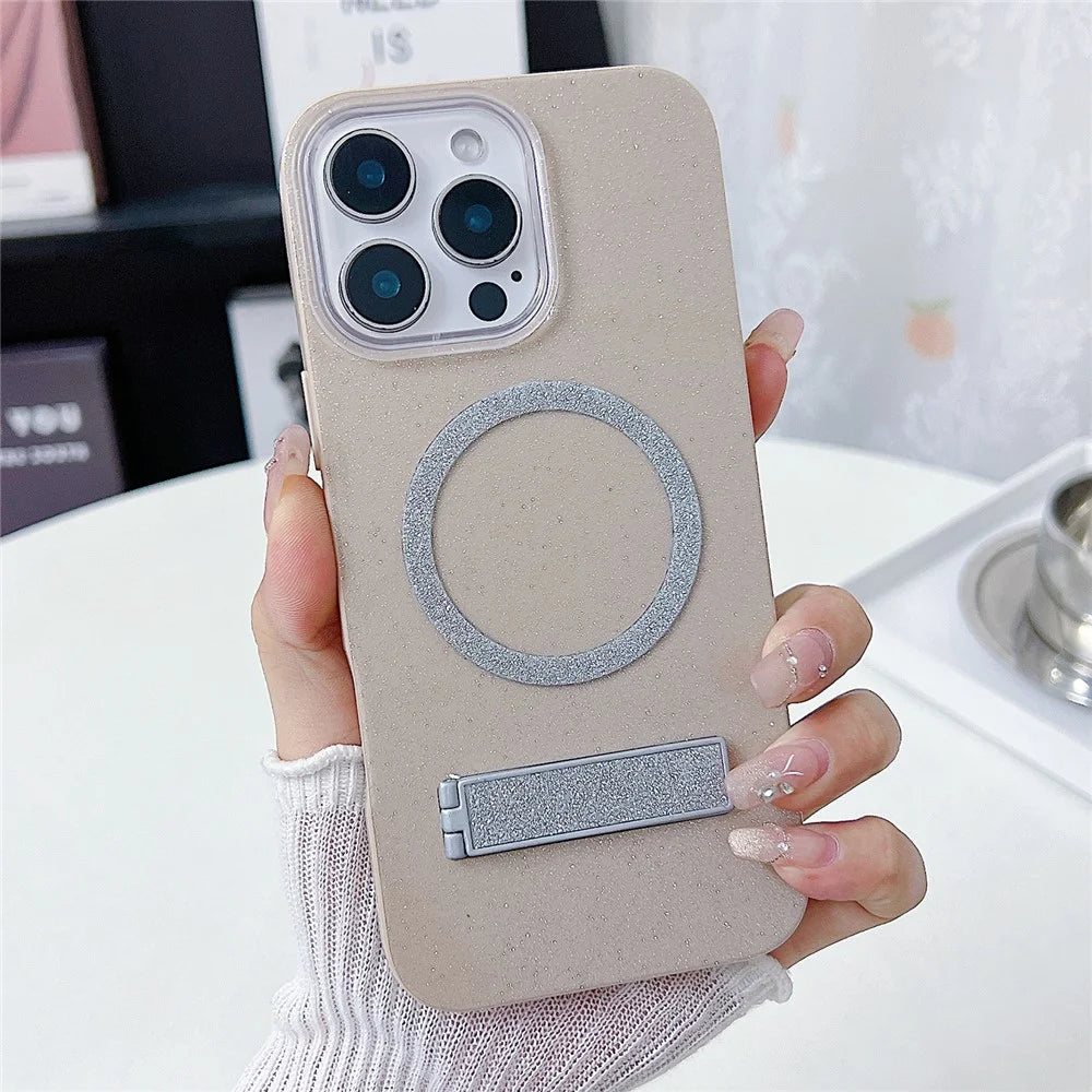 For iPhone 16 Pro Magnetic Case with Kickstand Glitter TPU + Acrylic Phone Back Cover - Beige - 1