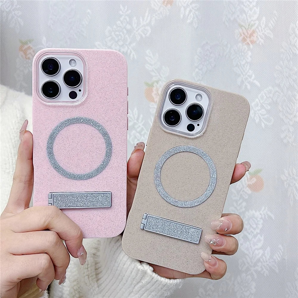 For iPhone 16 Pro Magnetic Case with Kickstand Glitter TPU + Acrylic Phone Back Cover - Beige - 4