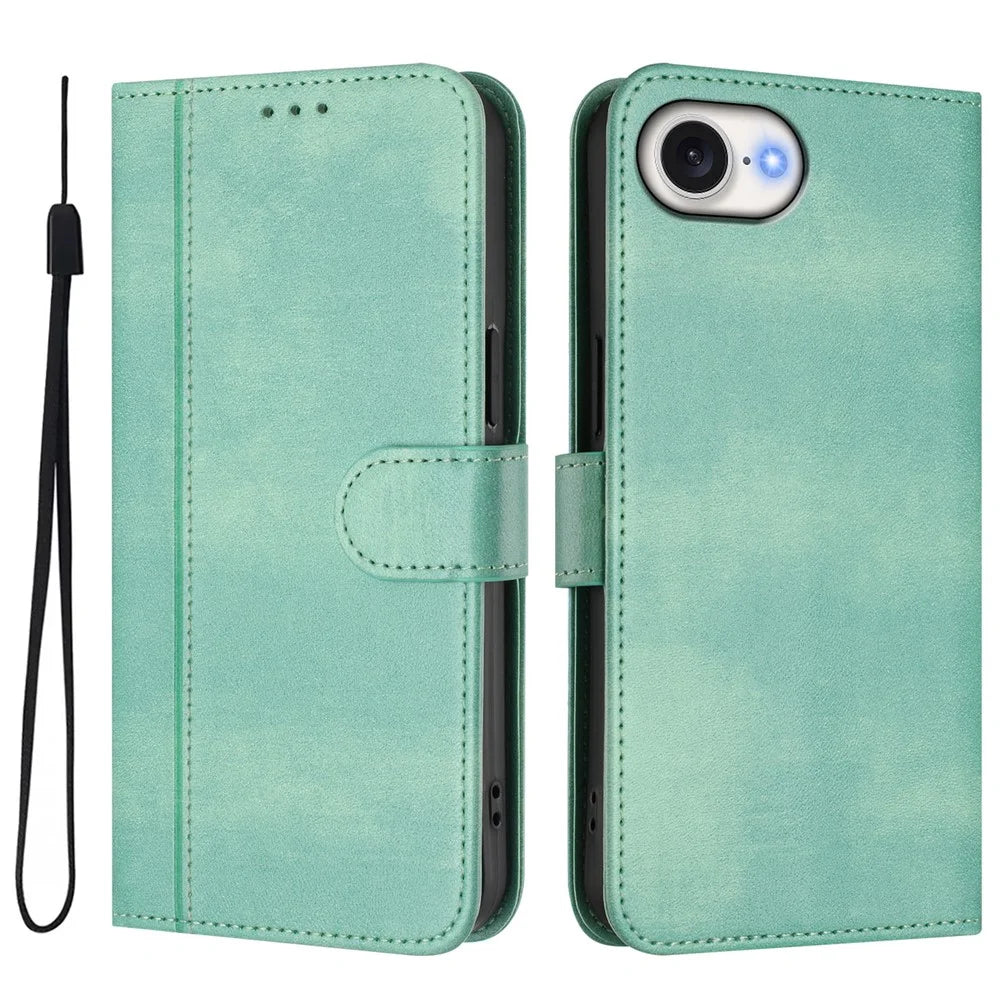 For iPhone 17e / 16e Case Wallet Stand Retro Texture Leather Phone Cover with Lanyard - Mint Green - 1