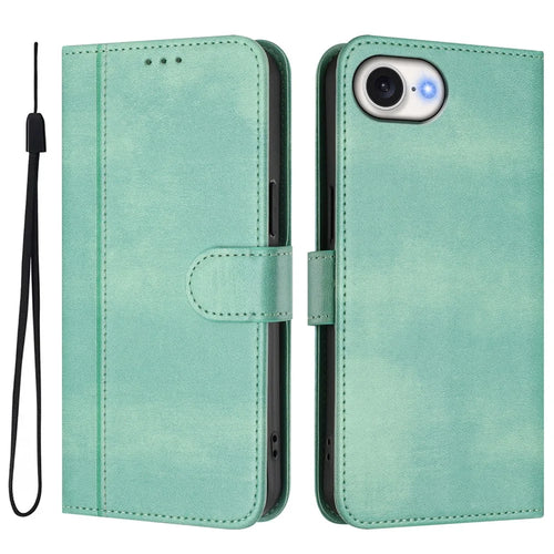 For iPhone 17e / 16e Case Wallet Stand Retro Texture Leather Phone Cover with Lanyard - Mint Green - 1