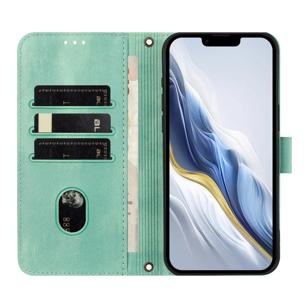 For iPhone 17e / 16e Case Wallet Stand Retro Texture Leather Phone Cover with Lanyard - Mint Green - 2