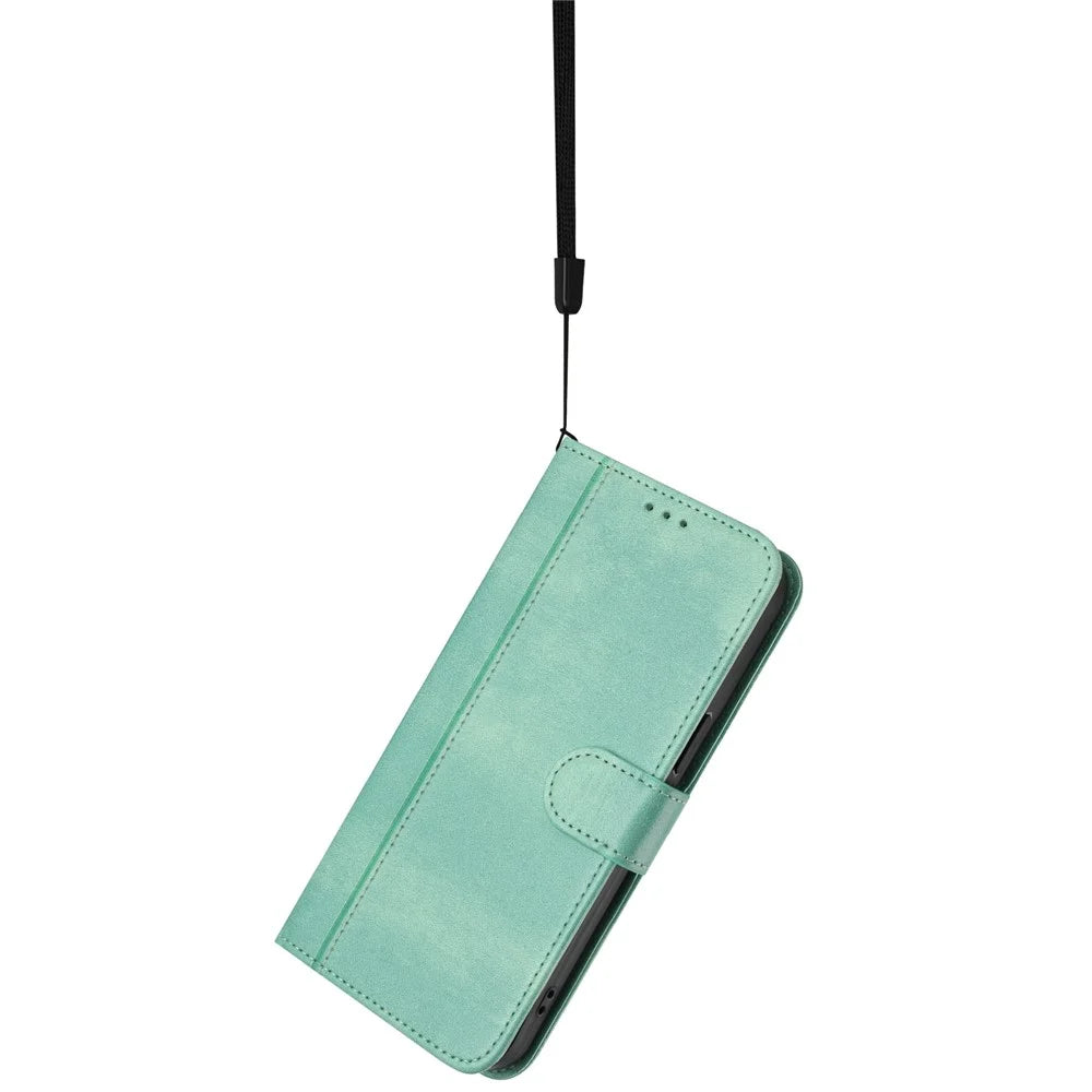 For iPhone 17e / 16e Case Wallet Stand Retro Texture Leather Phone Cover with Lanyard - Mint Green - 4