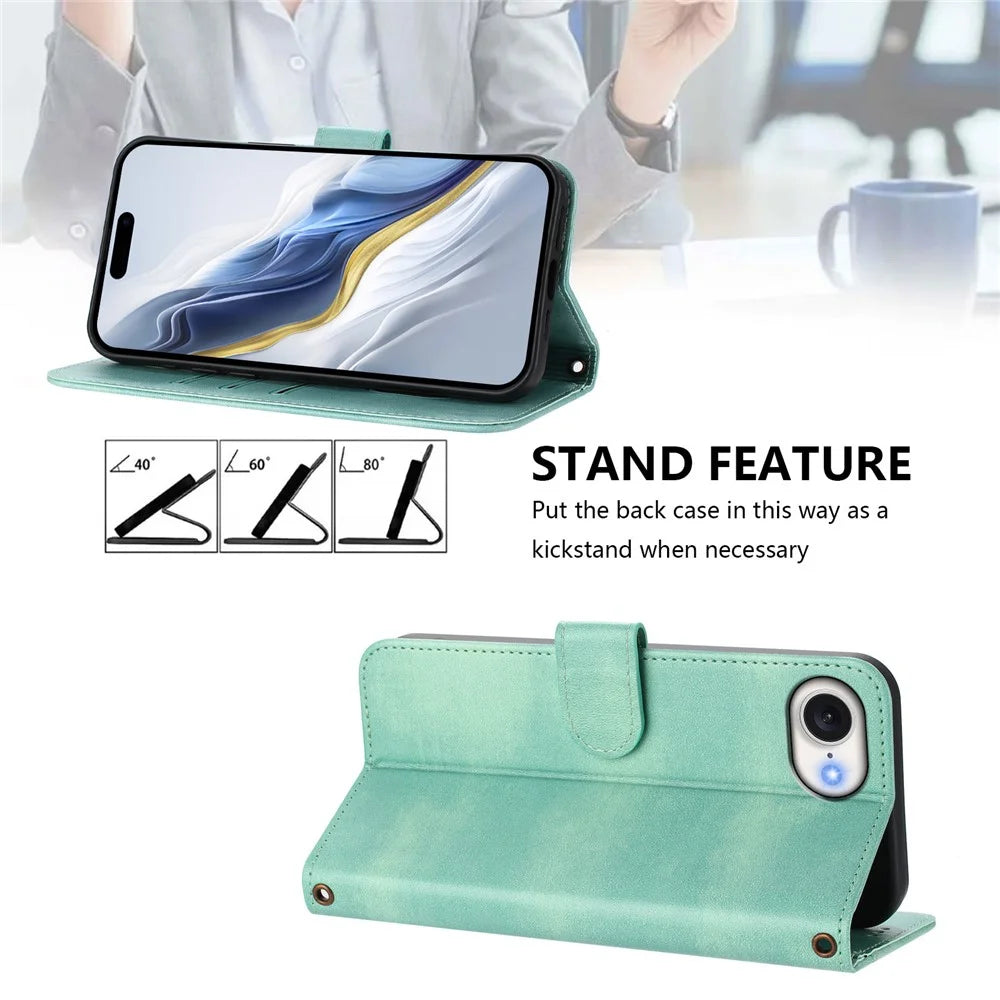 For iPhone 17e / 16e Case Wallet Stand Retro Texture Leather Phone Cover with Lanyard - Mint Green - 6