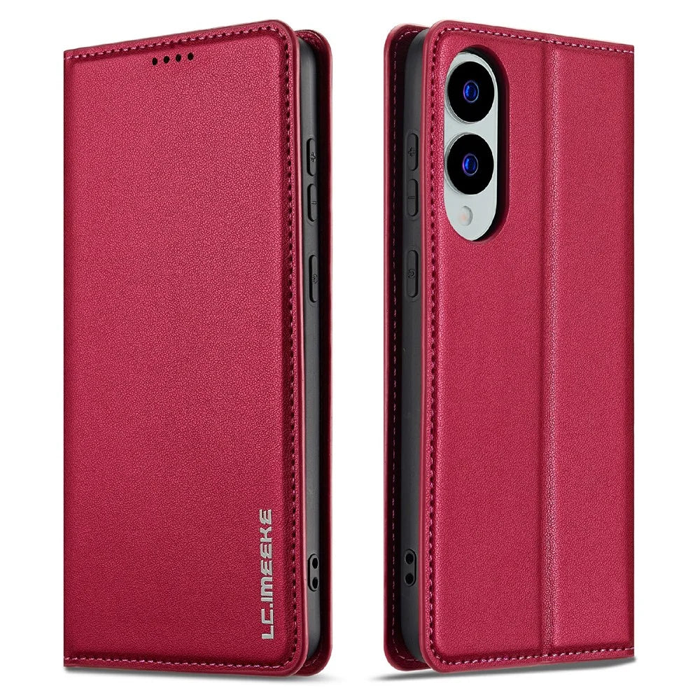 LC.IMEEKE L1 Series for Samsung Galaxy S25 Edge Case PU Leather Wallet Stand Protective Phone Cover - Red - 1