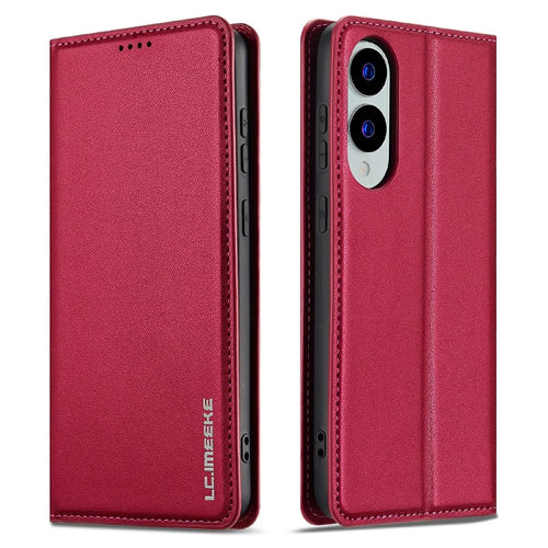 LC.IMEEKE L1 Series for Samsung Galaxy S25 Edge Case PU Leather Wallet Stand Protective Phone Cover - Red - 1
