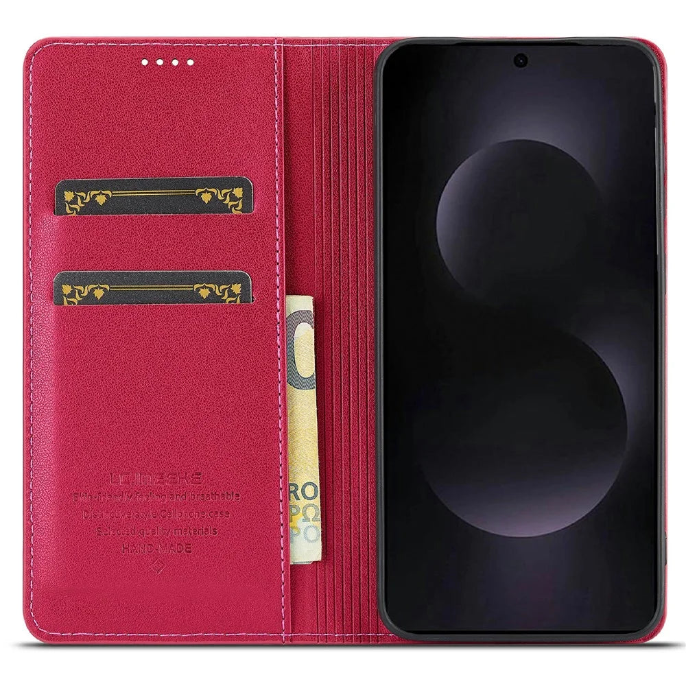 LC.IMEEKE L1 Series for Samsung Galaxy S25 Edge Case PU Leather Wallet Stand Protective Phone Cover - Red - 2
