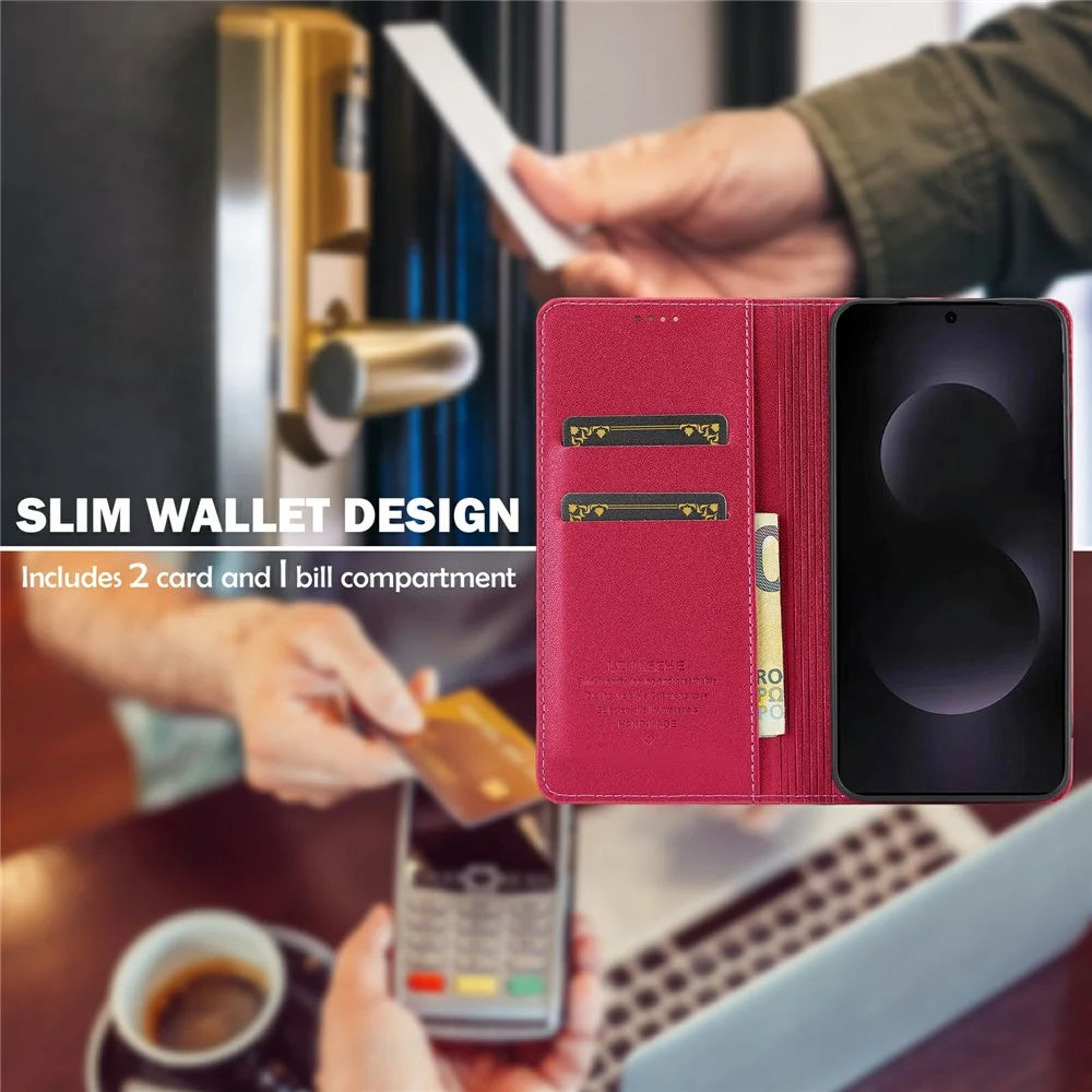 LC.IMEEKE L1 Series for Samsung Galaxy S25 Edge Case PU Leather Wallet Stand Protective Phone Cover - Red - 4