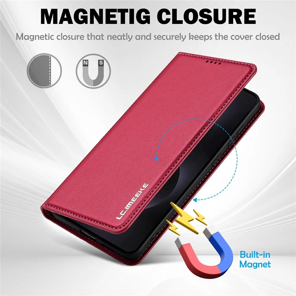 LC.IMEEKE L1 Series for Samsung Galaxy S25 Edge Case PU Leather Wallet Stand Protective Phone Cover - Red - 6