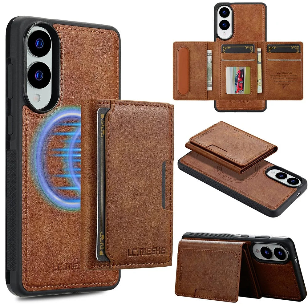 LC.IMEEKE L5 For Samsung Galaxy S25 Edge Magnetic Phone Case Leather Back Cover with Detachable Card Holder - Brown - 1