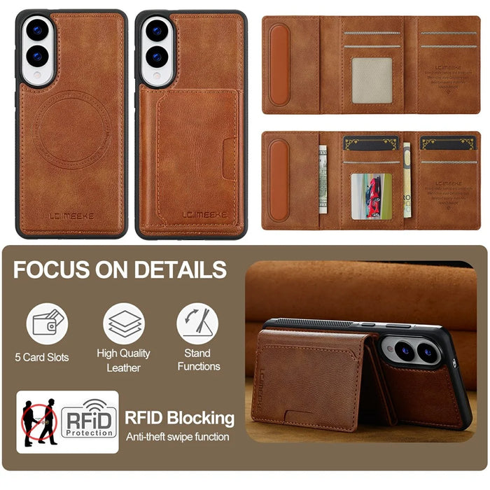 LC.IMEEKE L5 For Samsung Galaxy S25 Edge Magnetic Phone Case Leather Back Cover with Detachable Card Holder - Brown - 2
