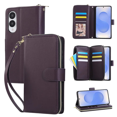 For Samsung Galaxy S25 Edge Case Zipper Pocket PU Leather Cover with 9 Card Slots - Dark Purple - 1