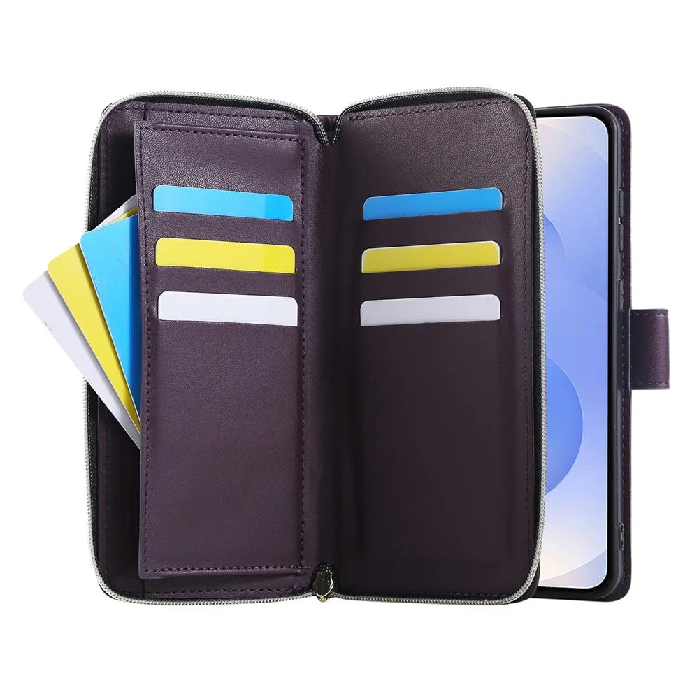 For Samsung Galaxy S25 Edge Case Zipper Pocket PU Leather Cover with 9 Card Slots - Dark Purple - 2