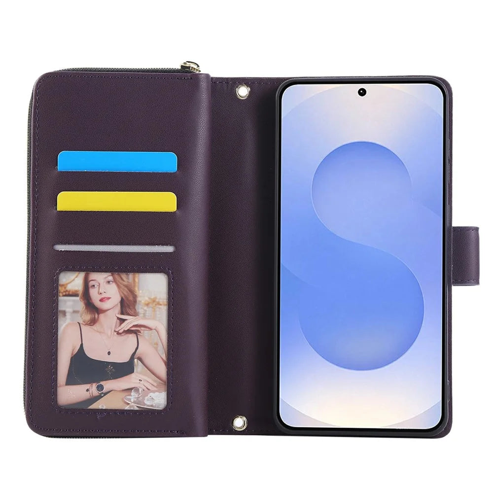 For Samsung Galaxy S25 Edge Case Zipper Pocket PU Leather Cover with 9 Card Slots - Dark Purple - 3